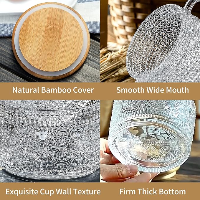 4pcs Vintage Glass Coffee Mugs Cups, Overnight Oats Containers Glass Cups Mugs with Bamboo Lids and Spoons - 14oz Clear Embossed Glass Cups, Cute Iced Coffee Glasses Gifts for women.