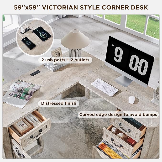 T4TREAM 59" Executive L Shaped Desk with Drawers,Farmhouse Wood Computer Coner Desk, Featuring Charging Station,File Drawer, Storage Cabinet,for Home Office Work and Study (Light Rustic Oak)