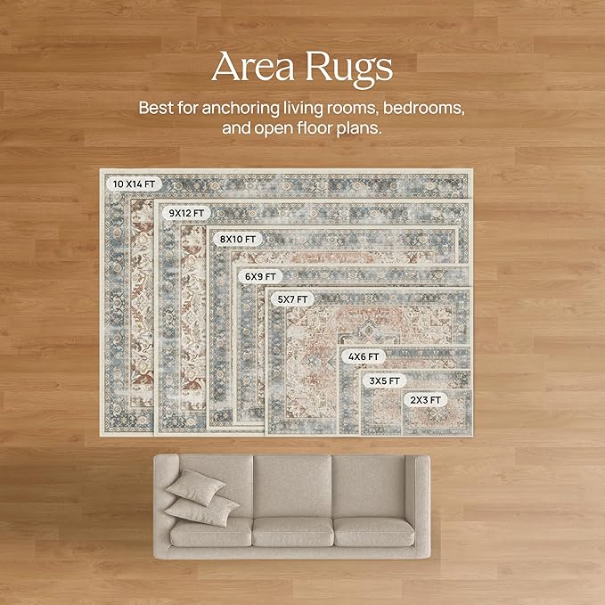RUGGABLE Washable Vintage Area Rug – Verena Amber Red 8x10, Stain-Resistant, Non-Slip – Large Machine Washable Rugs for Living Room, Bedroom, Hallway, Entryway & Office–with Cushioned Pad