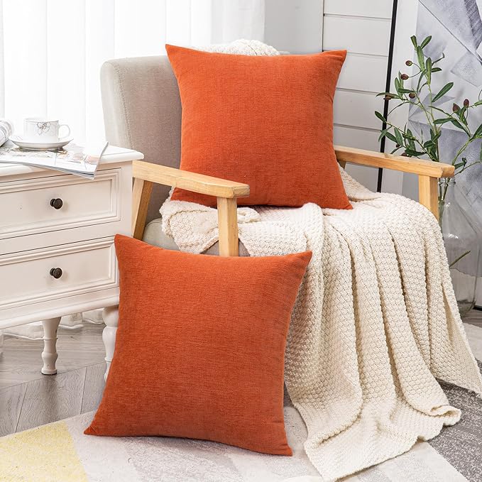 GAWAMAY Decorative Square 16x16 Inch Throw Pillow Covers Set of 2, Super Soft Chenille Pillows Farmhouse Fall Pillowcase for Living Room Bedroom Sofa Couch Cushion Cover Burnt Orange 40x40cm