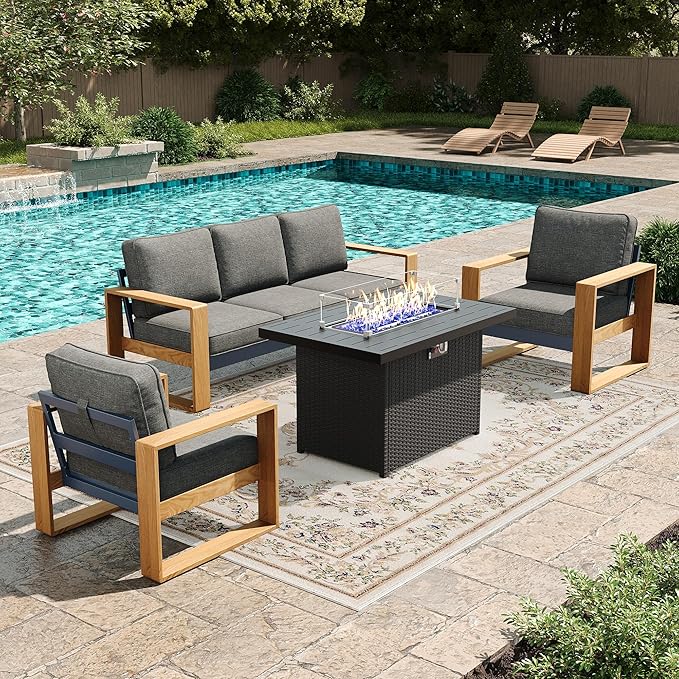 LayinSun 4 Pieces Aluminum Patio Furniture Set with Fire Pit Table, Oversized Seat with Hight Back, Outdoor Conversation Sets for Porch, Balcony, Deck