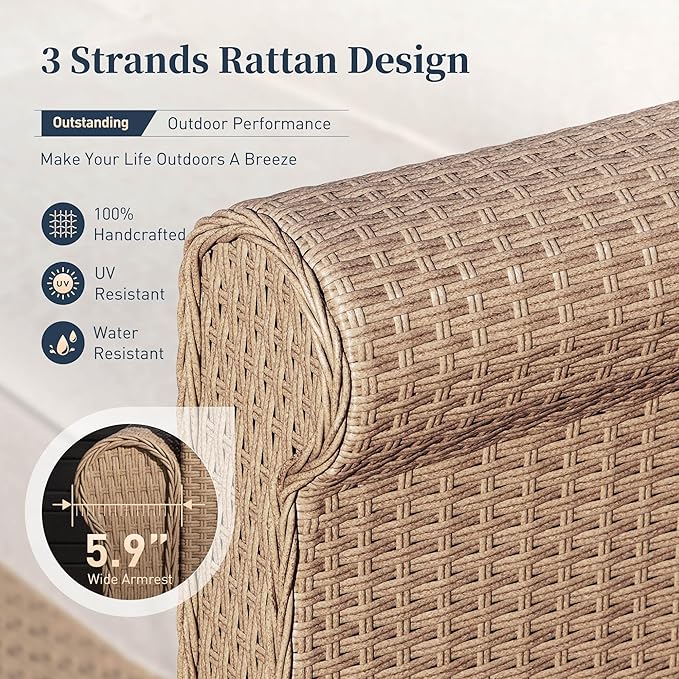 Patio Furniture Set 4 pcs, Wicker Rattan Sofa with 5.5” Thick Waterproof Cushions, 2 Chairs and Coffee Table, All Weather Outdoor Conversation Set for Backyard Deck, 5 Seats Beige