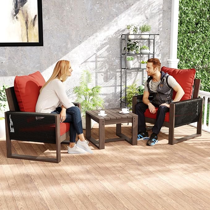 Patio Chairs 3 Piece Wood Patio Furniture with Coffee Table & Cushions, PE Wicker Outdoor Conversation Set Balcony Chairs for Garden, Porch, Deck, Backyard