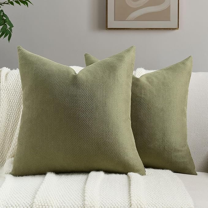 FUTEI Moss Green Chenille Throw Pillow Covers 16x16 Inch Set of 2,Soft Wide Chevron Textured Cushion Case,Farmhouse Home Decor for Couch Bed Living Room