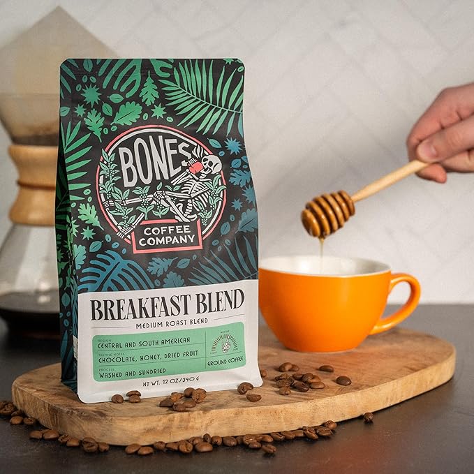 Bones Coffee Company Breakfast Blend, Chocolate, Honey and Dried Fruit Notes, Unflavored Coffee, Medium Roast Low Acid Arabica Beans Compatible with Auto drip and French Press Coffee Maker, 12 Oz Ground