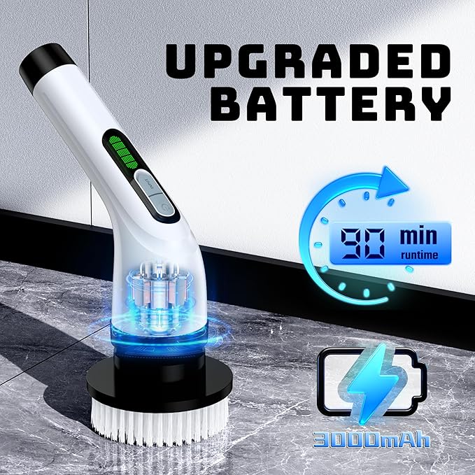 Electric Spin Scrubber - Cordless Bathroom Scrubber with 7 Brush Heads - Dual Speed IPX7 Waterproof Power Scrubber for Heavy-Duty Bathtub, Glass, Tile, and Car Cleaning (White)