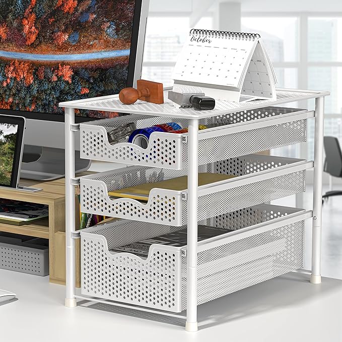 Simple Houseware 3 Tier White Alloy Steel Sliding Basket Organizer Drawer Cabinet