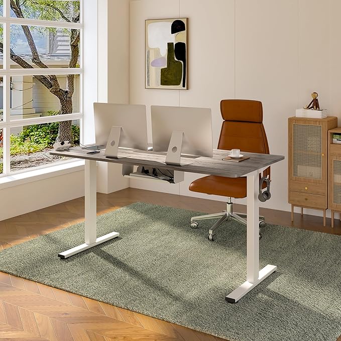 FLEXISPOT EN2 Whole-Piece Standing Desk with Clamp Power Strip, 60 x 24 Electric Stand Up Height Adjustable Desk with Cable Management (White Frame + 60" Gray Wood Grain Desktop, 2 Packages)