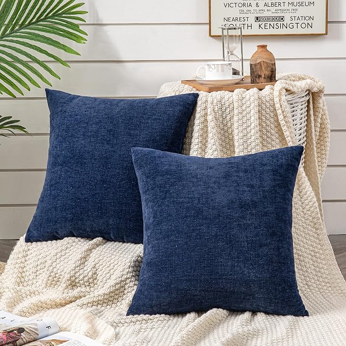 GAWAMAY Decorative Chenille Throw Pillow Covers 26x26 Inch Pack of 2, Soft Square Couch Pillow Cover for Sofa Cushion Living Room Bedroom Solid Oversized Pillowcases Navy Blue 66x66cm (ONLY Covers)