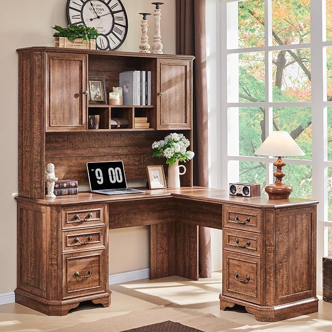 T4TREAM 59" Executive L Shaped Desk with Hutch,Victorian Wood Computer Desk, Featuring Charging Station,File Drawer, Storage Cabinet,for Home Office Work and Study (Reclaimed Barnwood)