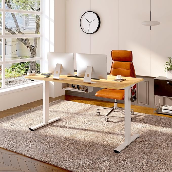 FLEXISPOT EN2 Whole-Piece Standing Desk with Clamp Power Strip, 40 x 24 Electric Stand Up Height Adjustable Desk with Cable Management (White Frame + 40" Maple Top)