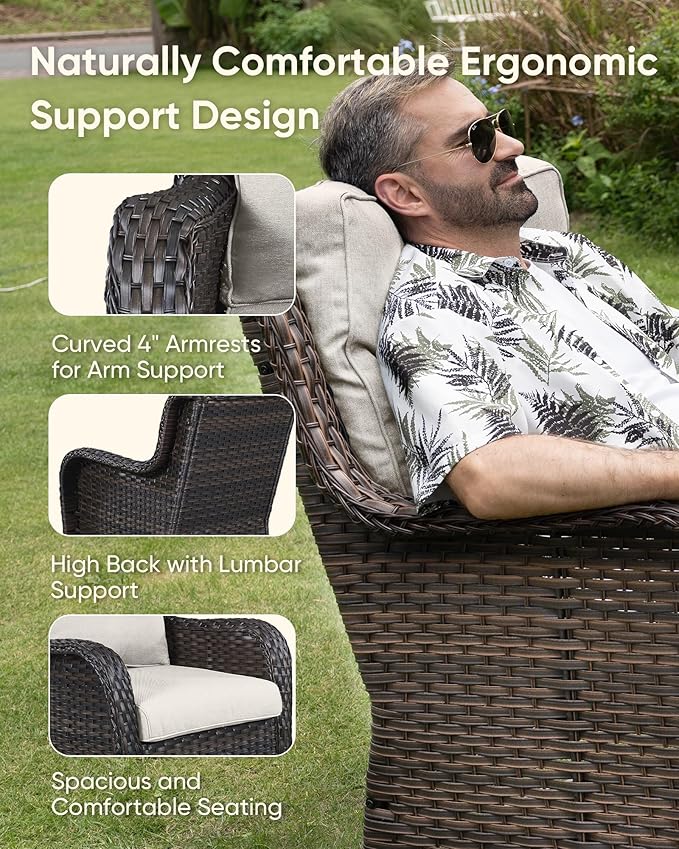 7-Piece Outdoor Wicker Patio Furniture Set with Swivel Glider Chairs,Loveseat, Coffee Table & Ottomans 5” Olefin Cushions Ergonomic Neck-Lumbar Backrest All-Weather Rattan for Garden, Deck, Porch
