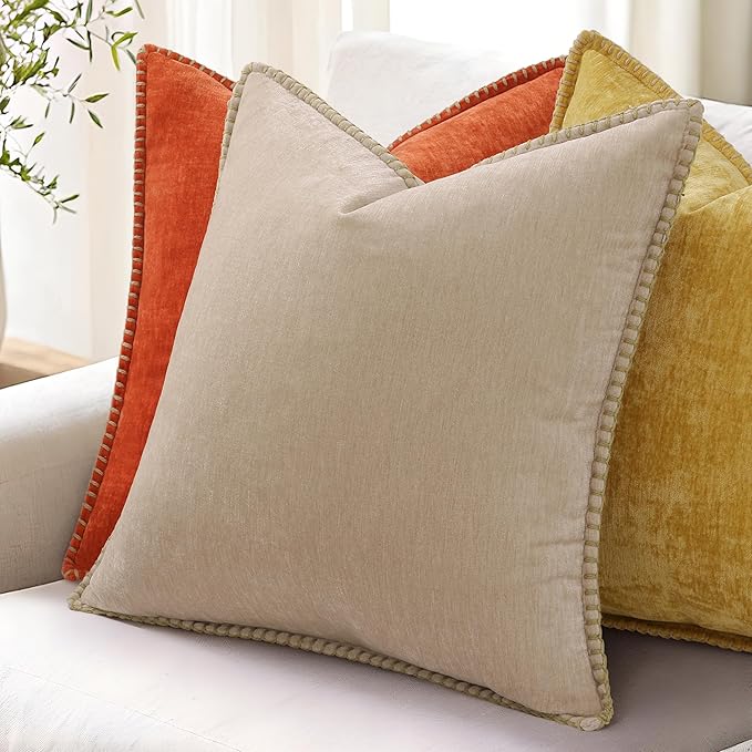 decorUhome Chenille Soft Throw Pillow Covers 16x16 Set of 2, Farmhouse Velvet Neutral Decorative Euro Pillow Covers with Stitched Edge for Couch Sofa Bed Home Decor, Beige