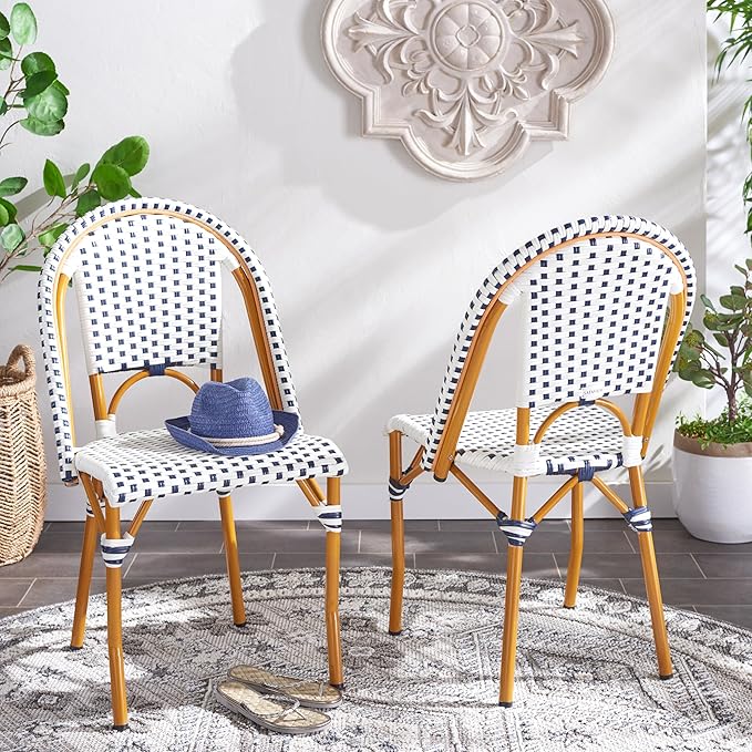 SAFAVIEH Outdoor Collection California Bistro White/Navy Side Chair Set of 2 (Fully Assembled)