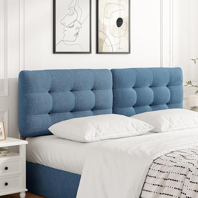 Tufted Upholstered King Headboard, Adjustable Height King Size Headboard Only from 39”to 44” with Durable Solid Wood Legs, Modern Button Diamond Fabric Head Board with Width Adapters, Blue