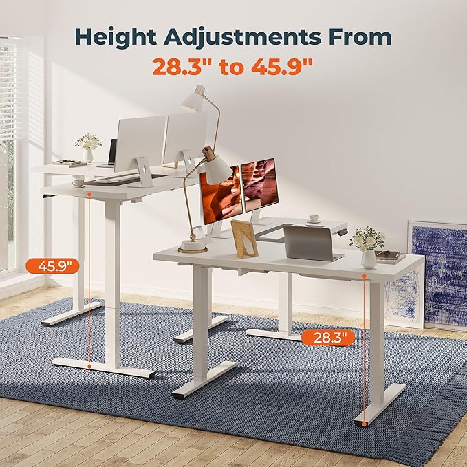 L-Shaped Standing Desk, 63 x 47 Inches Height Adjustable Desk with Storage, Sit and Stand up for Work Office Home, Ergonomic Rising Computer Table for Home Office with Splice Board, White