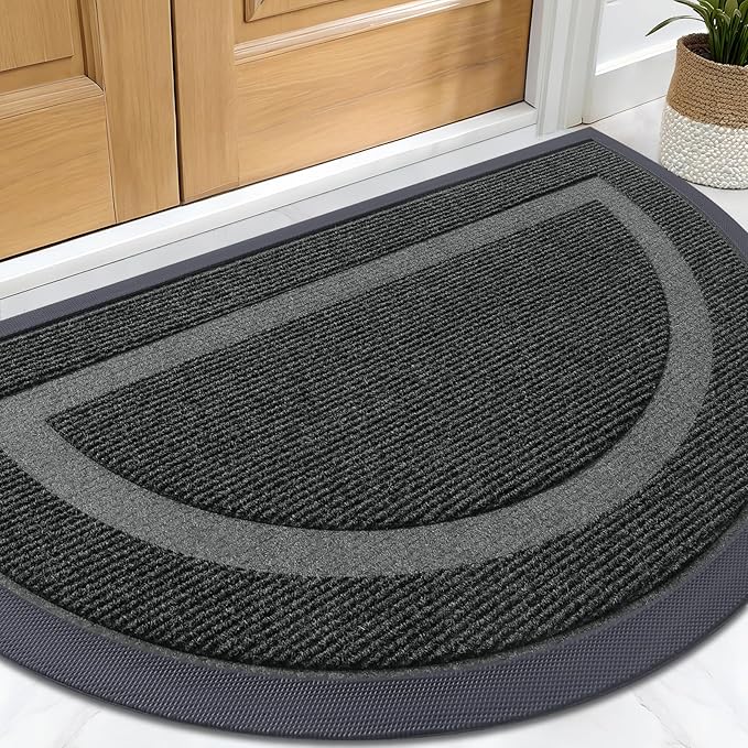 OLANLY Half Circle Door Mat Indoor Outdoor Entrance Welcome, Waterproof All-Season, All-Weather Doormat, Sturdy Natural Rubber, Low Profile, Easy Clean Patio Porch Entryway Mat, 29.5x17, Black