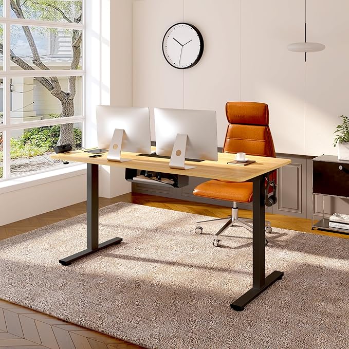 FLEXISPOT EN2 Whole-Piece Standing Desk with Clamp Power Strip, 48 x 30 Electric Stand Up Height Adjustable Desk with Cable Management (Black Frame + 48" Maple Top, 2 Packages)