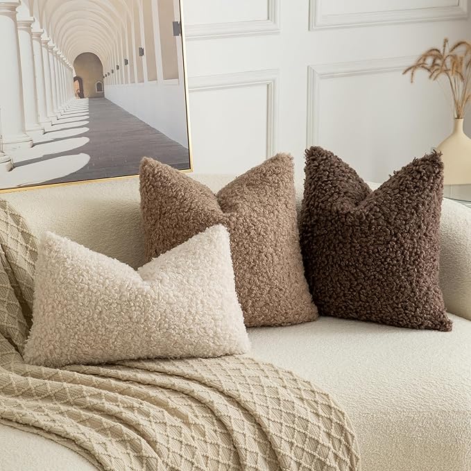 Pack of 2 Curly Teddy Wool Faux Fur Throw Pillow Covers Fuzzy Accent Soft Sherpa Pillowcases Sheepskin Fleece Decorative Cushion Case for Sofa Couch Living Room 12x20 Inch Neutral Light Beige