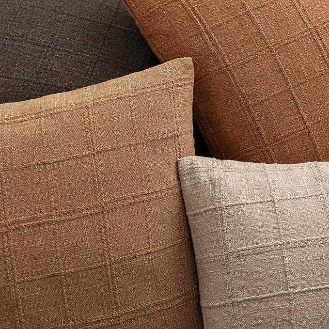 Foindtower Set of 2 Decorative Linen Check Throw Pillow Covers Neutral Farmhouse Lumbar Cushion Covers Modern Boho Home Decor for Sofa Chair Couch Bedroom Living Room,12×24 Inch,Brick