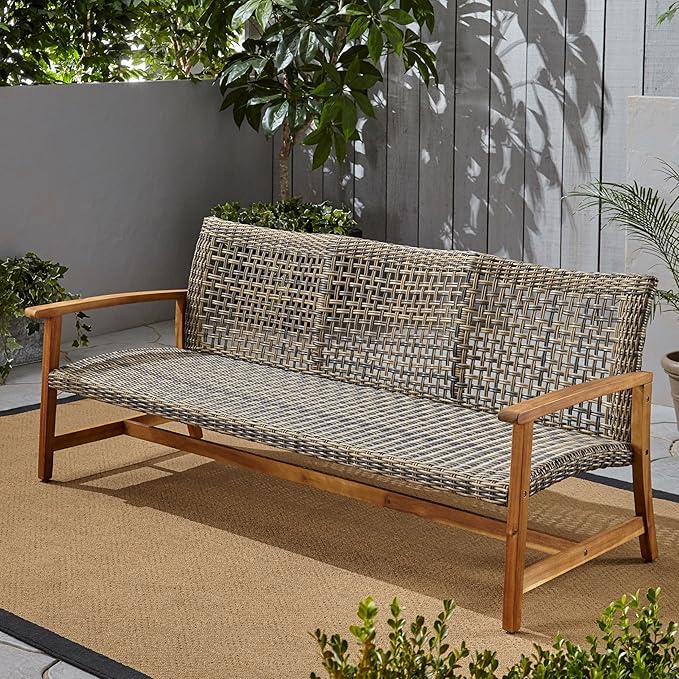 Christopher Knight Home Marcia Outdoor Wood Sofa, Wicker, 75.50 x 31.00 x 31.50, Gray, Natural Stained Finish