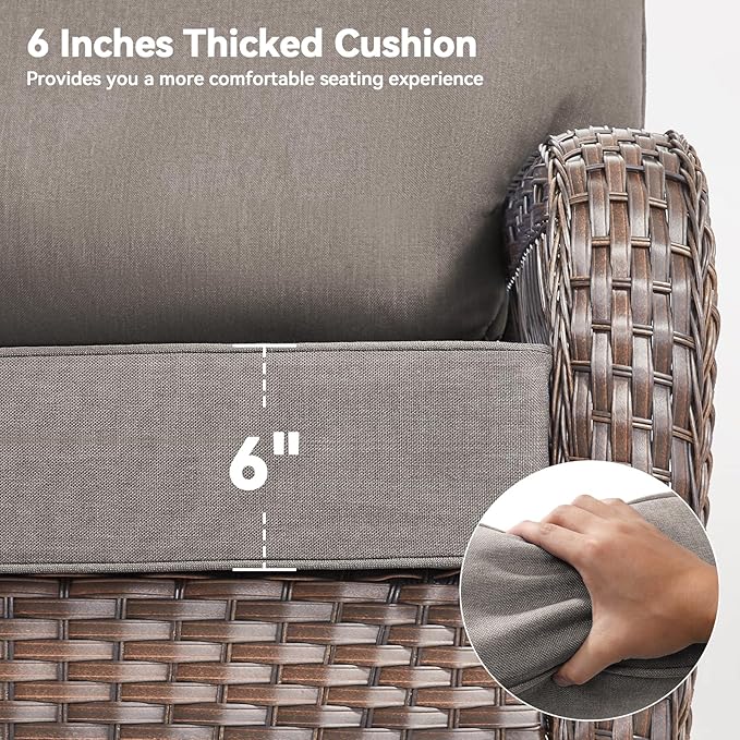 Luxury 6" Outdoor Cushions for Patio Furniture, 24x24x6" Thick Seat Cushion Set of 7, Fade Resistant Couch Chair Replacement Cushions High Density Deep Wicker Chair Cushion w/ Removable Cover Gray