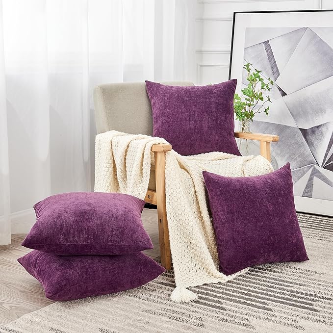 GAWAMAY Decorative Square Throw Pillow Covers 18"x18" Inch Set of 4, Super Soft Chenille Pillows Farmhouse Fall Pillowcase for Living Room Bedroom Sofa Couch Cushion Cover Purple 45x45cm (No Insert)
