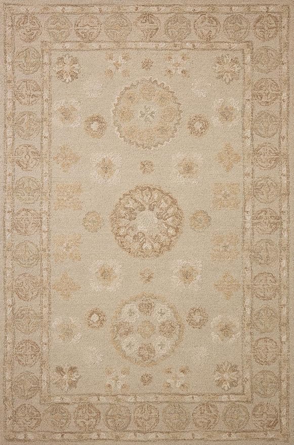 Loloi Chris Loves Julia Dorothea Collection DRT-03 Dove/Natural 2'-6" x 7'-6" Runner Rug Wool Neutral Floral Living Room Bedroom Carpet