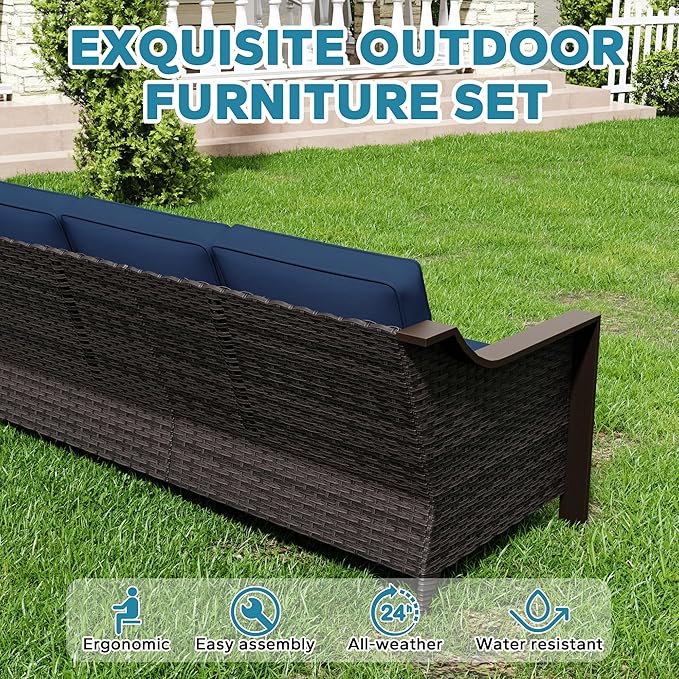 75" Patio Metal Wicker Sofa, 3-seat Deep Seat & Upholstered Couch, Outdoor All-Weather Rattan Loveseat with Washable Cushions, Steel Frame Couch, Garden (Navy Blue)