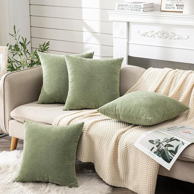 GAWAMAY Decorative Square Throw Pillow Covers 18"x18" Inch Set of 4, Super Soft Chenille Pillows Farmhouse Fall Pillowcase for Living Room Bedroom Sofa Couch Cushion Cover Sage Green 45x45cm