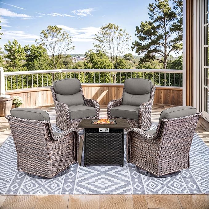 HUMMUH Wicker Patio Furniture Set with Patio Swivel Chairs Set of 4 and 50,000 BTU Fire Pit Table,6 Inch Thick Cushions High Back Outdoor Swivel Rocker Chairs Set for Porch, Balcony, Deck