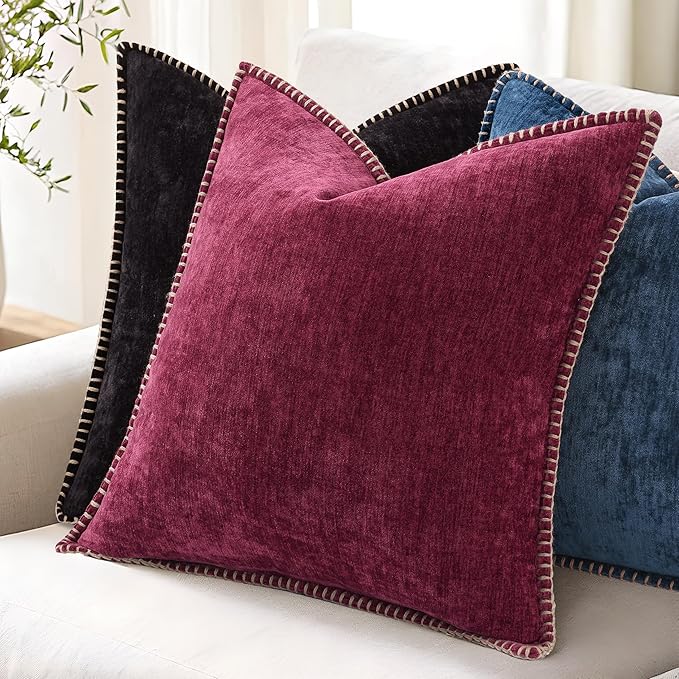decorUhome Chenille Soft Throw Pillow Covers 16x16 Set of 2, Farmhouse Velvet Neutral Decorative Euro Pillow Covers with Stitched Edge for Couch Sofa Bed Home Decor, Black