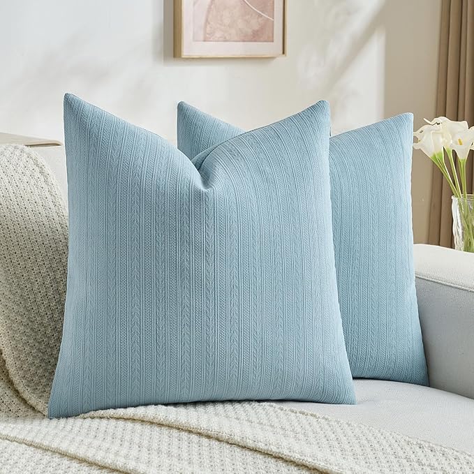 FUTEI Denim Blue Decorative Throw Pillow Covers 26x26 Inch Set of 2,Soft Cozy Wheat Ear Striped Patterns Euro Pillow Shams,Modern Home Decor for Couch Bed Living Room