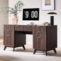 T4TREAM 60'' Fluted Executive Desk with Drawers, Modern Home Office Computer Desk with Charging Station, Keyboard Tray, File Drawer and Storage Cabinet for Study, Living Room, Bedroom, Dark Walnut
