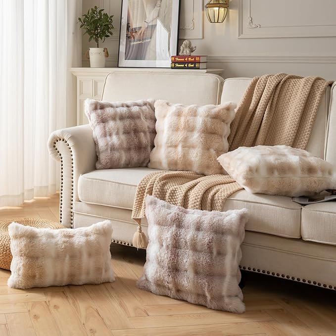 Pack of 2 Thick Plush Throw Pillow Covers Fluffy Wave Faux Fur Decorative Cushion Covers Soft Wool Pillowcase for Sofa Couch Livingroom 12x20 Inch White Beige