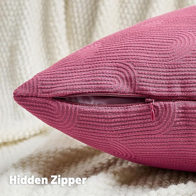 FUTEI Hot Pink Chenille Decorative Throw Pillow Covers 24x24 Inch Set of 2,Soft Cozy Striped Geometric Patterns European Cushion Cases,Modern Home Decor for Couch Bed Living Room