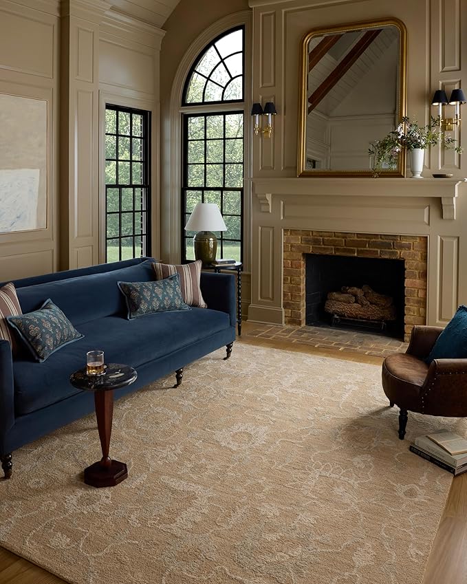 Loloi Chris Loves Julia Dorothea Collection DRT-01 Sand/Pebble 7'-9" x 9'-9" Area Rug Wool Neutral Floral Living Room Bedroom Carpet