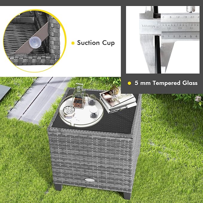 Tangkula 3 Pieces Patio Furniture Set, Outdoor PE Rattan Conversation Chair Set with Tempered Glass Side Table and Removable Cushions, PE Wicker Chairs and Table Set for Porch, Balcony and Garden