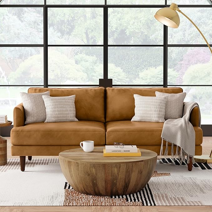 SIMPLIHOME Livingston 76-inch Wide Sofa in Sienna Top Grain Genuine Leather, Handcrafted Mid-Century Modern Loveseat for Living Room, Compact 2-Seater with Feather-Wrapped Cushions