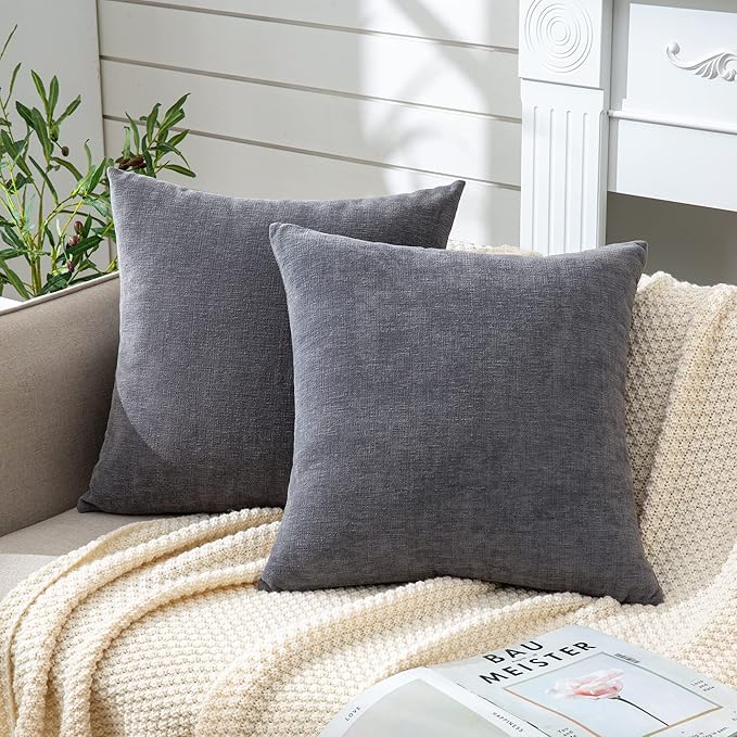 GAWAMAY Decorative Square Throw Pillow Covers 20"x20" Inch Set of 2, Super Soft Chenille Pillows Cover Fall Pillowcase for Living Room Bedroom Sofa Couch Cushion Cover Grey 50x50cm (No Insert)