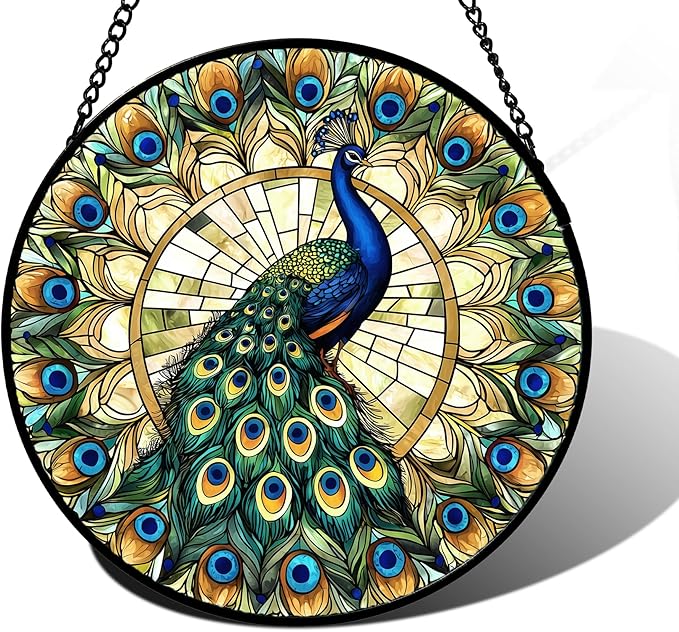 Stained Glass Window Hanging - Retro Peacock Decoration Suncatcher for Door Garden Home Bird Feather Sun Catchers Christmas Mother's Day Birthday Gifts for Women Men Mom Nana Friend 7.8 in