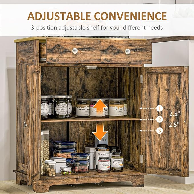 HOMCOM Sideboard with Solid Wood Countertop, Modern Kitchen Storage Cabinet, Coffee Bar Cabinet with 2 Drawers, Doors and Adjustable Shelf, Rustic Brown