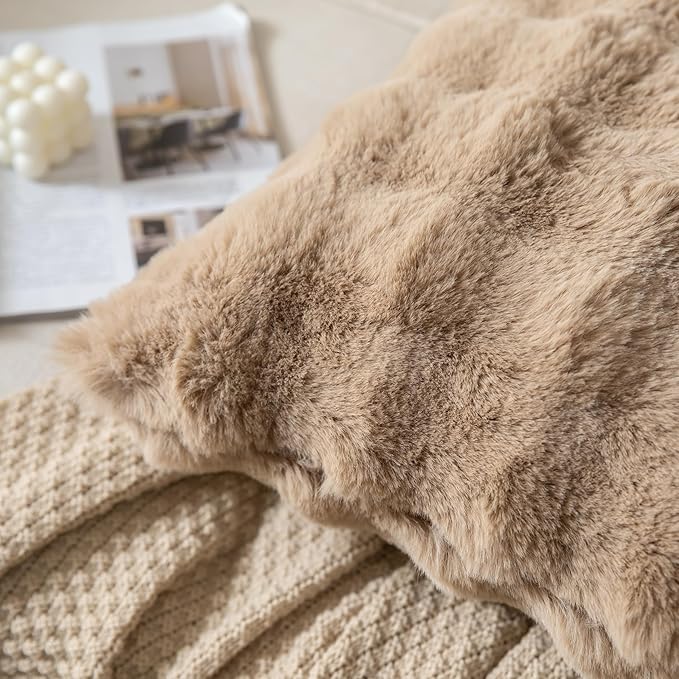 Pack of 2 Thick Plush Throw Pillow Covers Fluffy Wave Faux Fur Decorative Cushion Covers Soft Wool Pillowcase for Sofa Couch Livingroom 20x20 Inch Camel