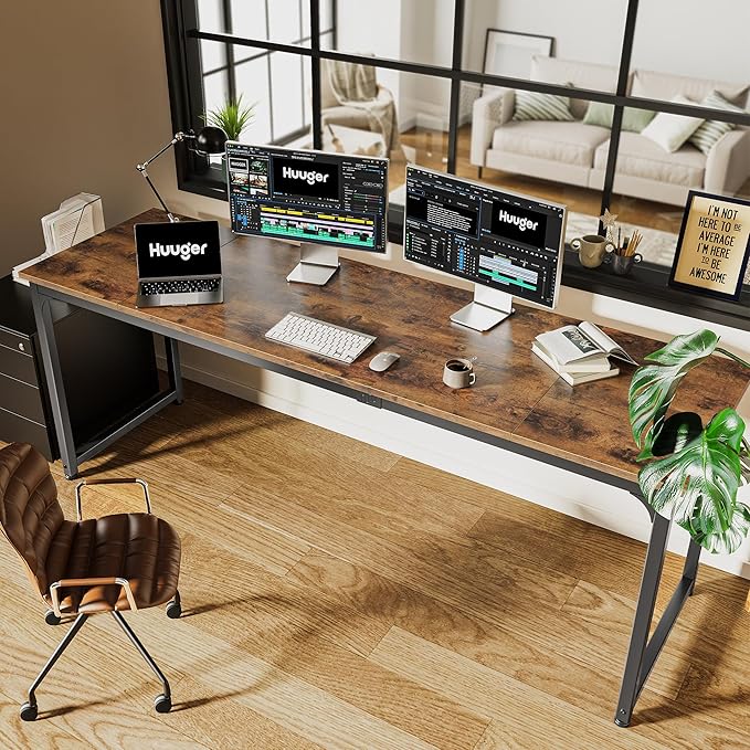 Huuger Computer Desk, 80 Inch Office Desk, Gaming Desk with Storage, Writing Desk Work Desk for Home Office, Study, Long Simple Desk, Large Legroom, Metal Frame, Rustic Brown
