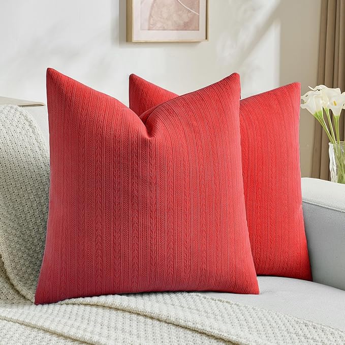 FUTEI Christmas Red Decorative Throw Pillow Covers 20x20 Inch Set of 2,Soft Cozy Wheat Ear Striped Patterns Cushion Cases,Modern Home Decor for Couch Bed Living Room