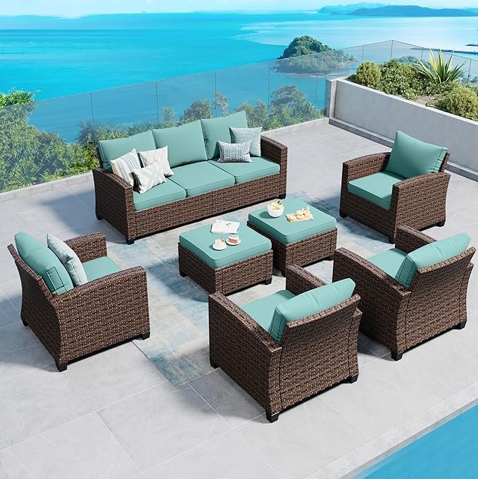 Patio Furniture Set Outdoor Furniture Brown Wicker Rattan Patio Conversation Sets with Cushion Outside Sofa Set,7 Pieces 9 Seats,Blue