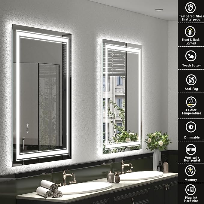 50x40 LED Bathroom Mirror, Lighted Mirror for Bathroom Wall, Backlit and Front Lights, Dimmable, Anti-Fog, Shatterpoof, Memory (Horizontal/Vertical)