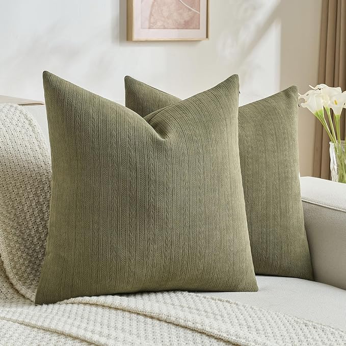 FUTEI Olive Green Decorative Throw Pillow Covers 22x22 Inch Set of 2,Soft Cozy Wheat Ear Striped Patterns Cushion Cases,Modern Home Decor for Couch Bed Living Room