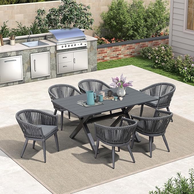 PURPLE LEAF 7 Pieces Outdoor Dining Set with Patio Aluminium Dining Table and Wicker Rattan Chairs Modern Furniture Cushions Sets for Backyard Indoor Decor Kitchen Grey