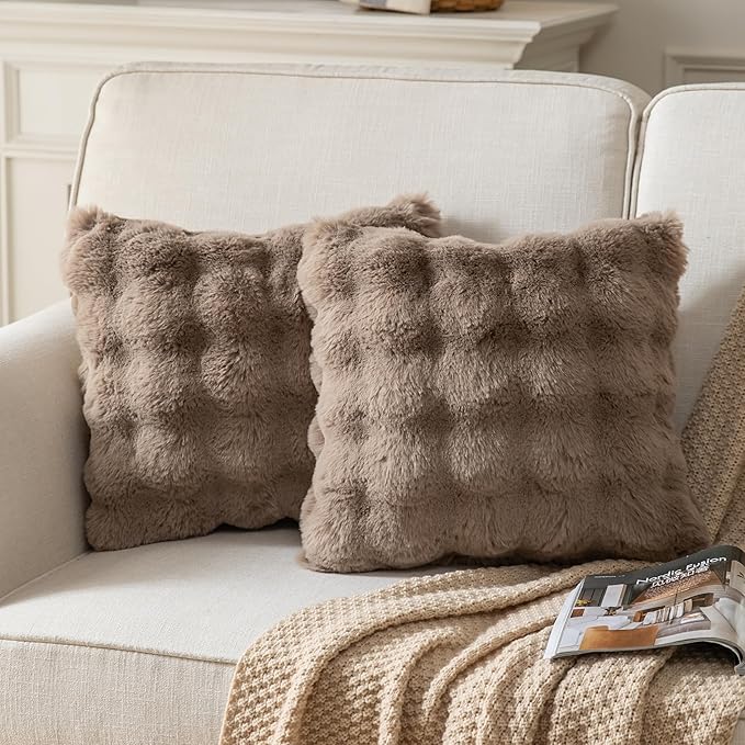Pack of 2 Thick Plush Throw Pillow Covers Fluffy Wave Faux Fur Decorative Cushion Covers Soft Wool Pillowcase for Sofa Couch Livingroom 16x16 Inch Taupe
